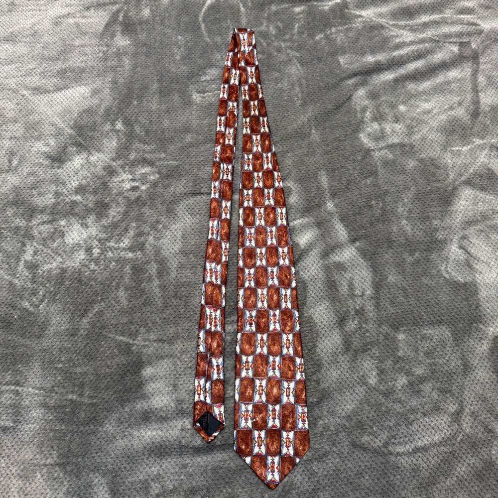 Embassy Square Mens Silk Tie Brown Geometric Print Made in USA Italian Fabric - Picture 2 of 8